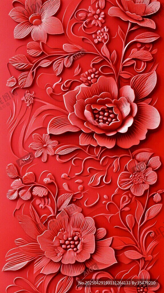 红色雕花艺术 精美花卉图案