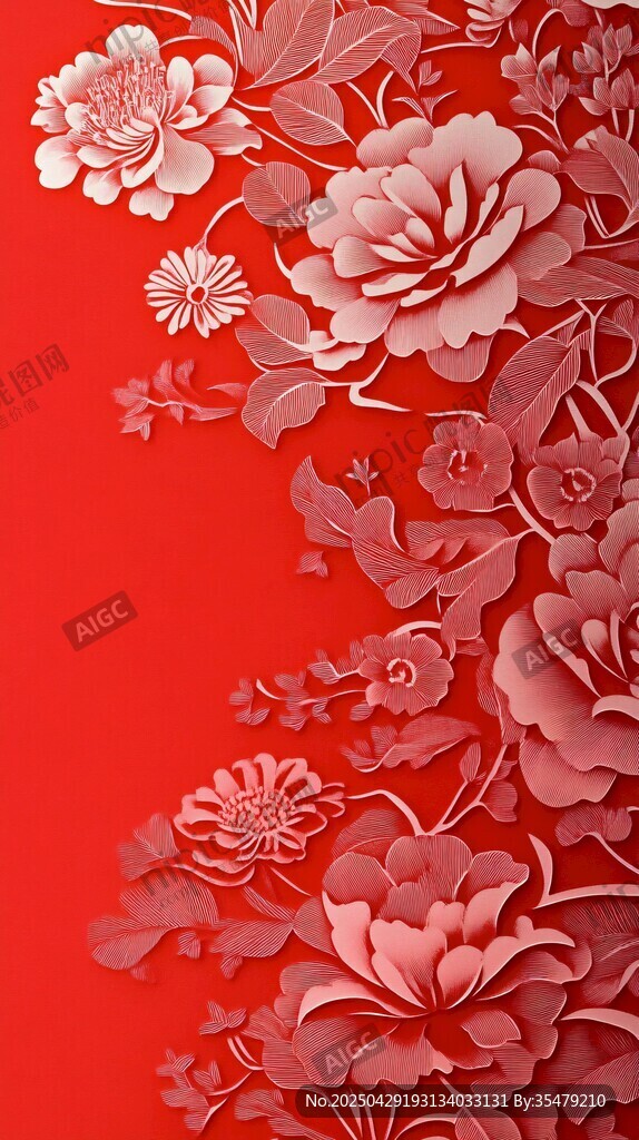 红色剪纸风花卉装饰图案