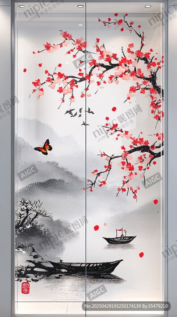 中式梅花山水移门装饰画