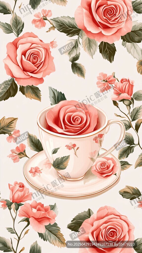 粉色玫瑰茶杯浪漫花卉图案
