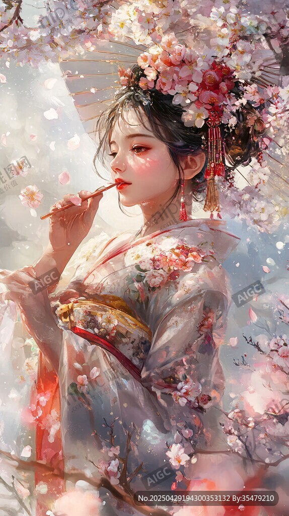 古风佳人持伞闻花香