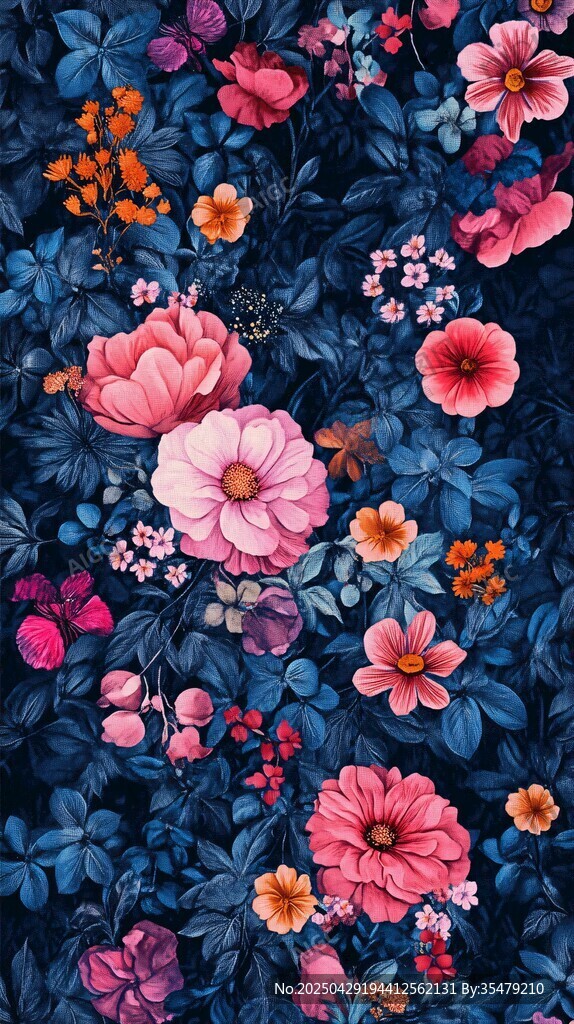 深蓝色底绚丽花卉图案