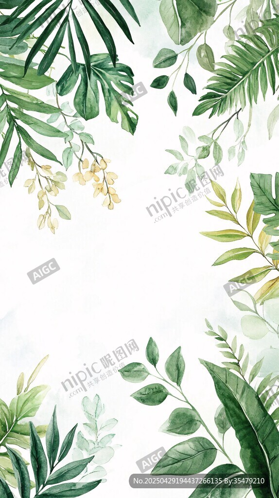 清新绿植水彩边框背景图
