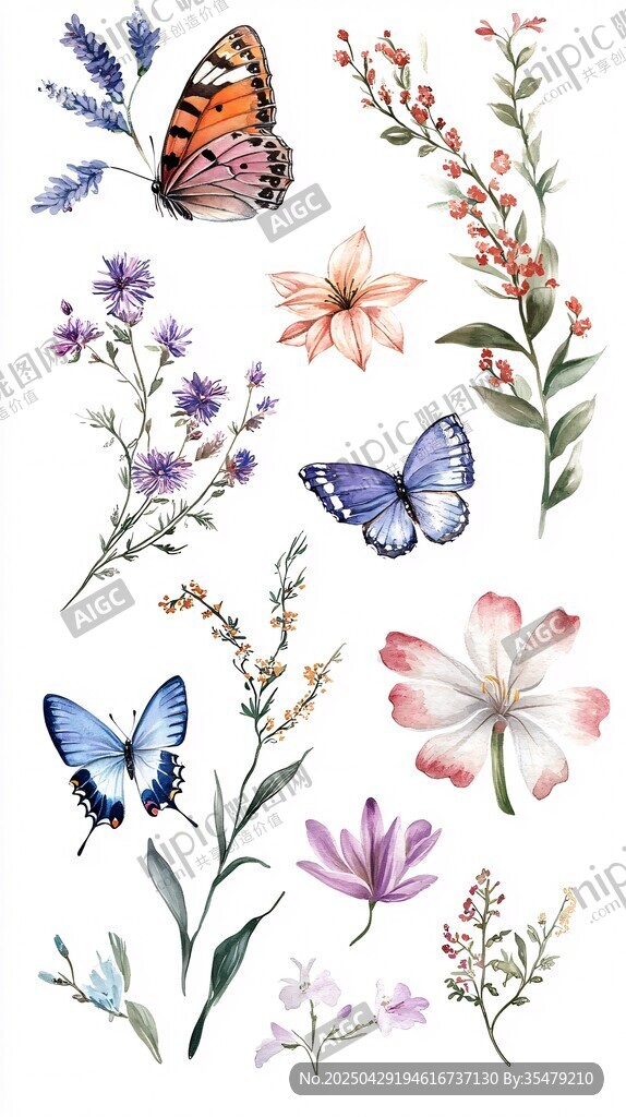水彩花卉蝴蝶插画素材