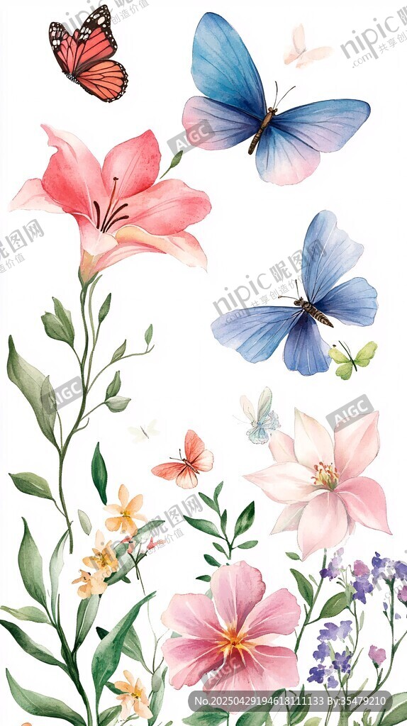 水彩花卉与蝴蝶唯美插画