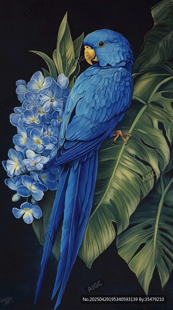 蓝鹦鹉栖于繁花绿叶间