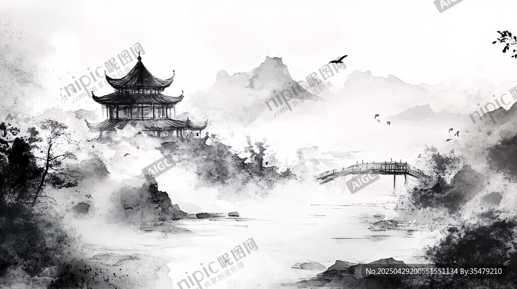 水墨山水间的古韵楼阁