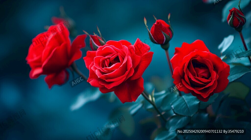 艳丽红玫瑰绽放于幽蓝背景