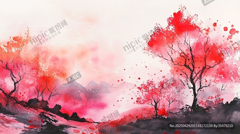 水墨红枫山水诗意画卷