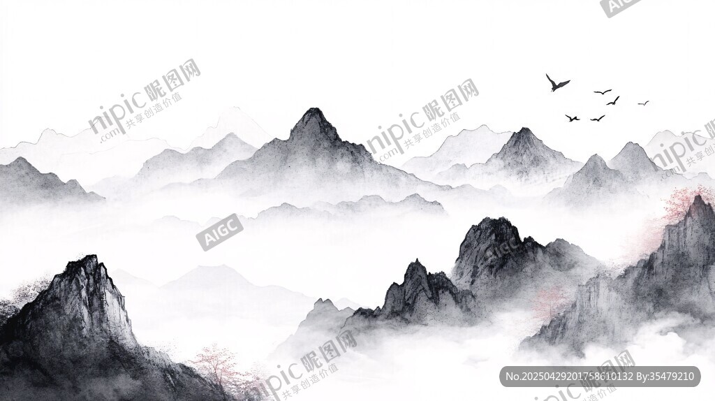 水墨山水间飞鸟云雾缭绕