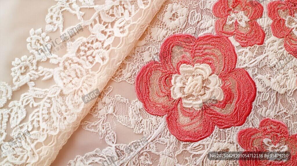 精致蕾丝面料上的艳丽花朵