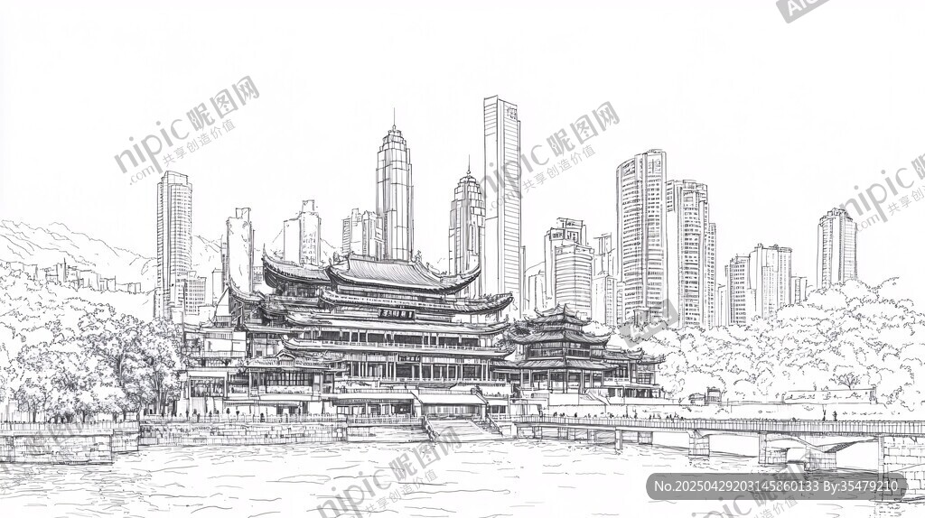 成都城市风光线描图