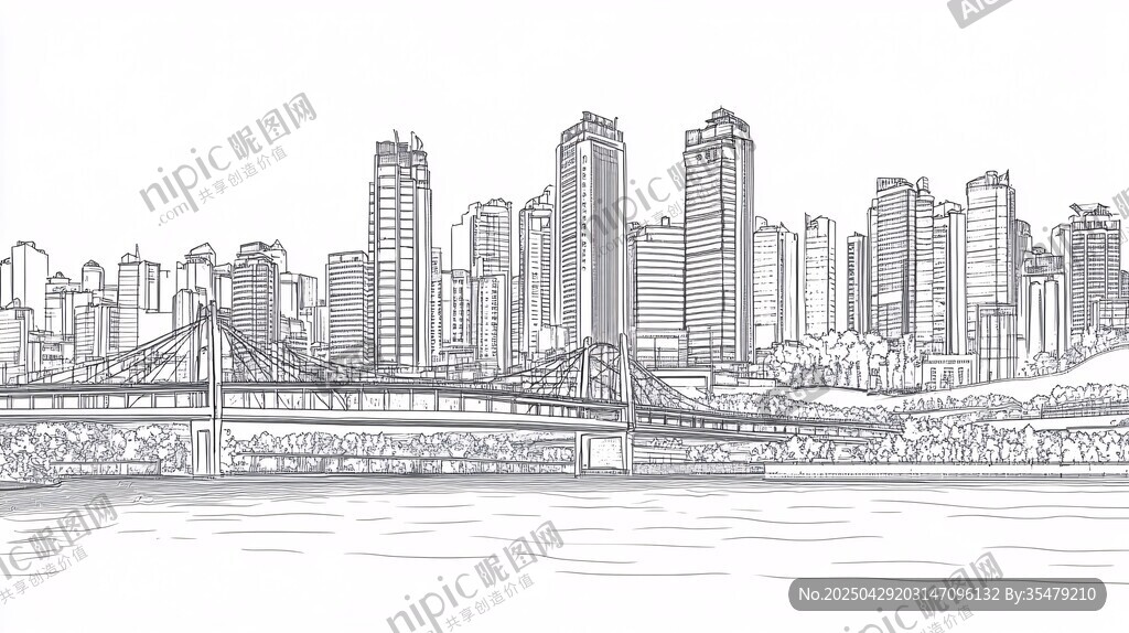 城市建筑桥梁线描景观图