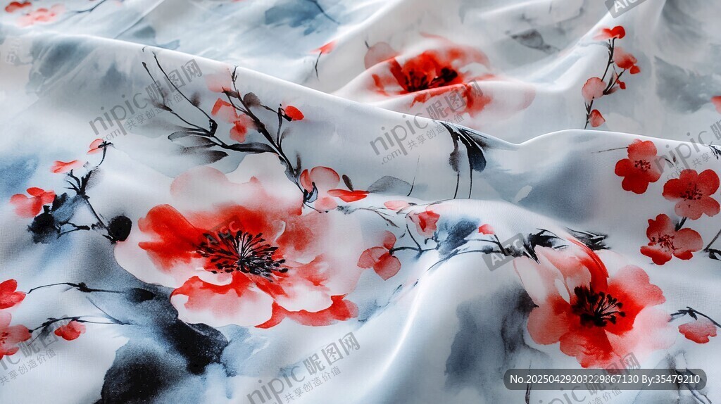 水墨红花丝绸布料