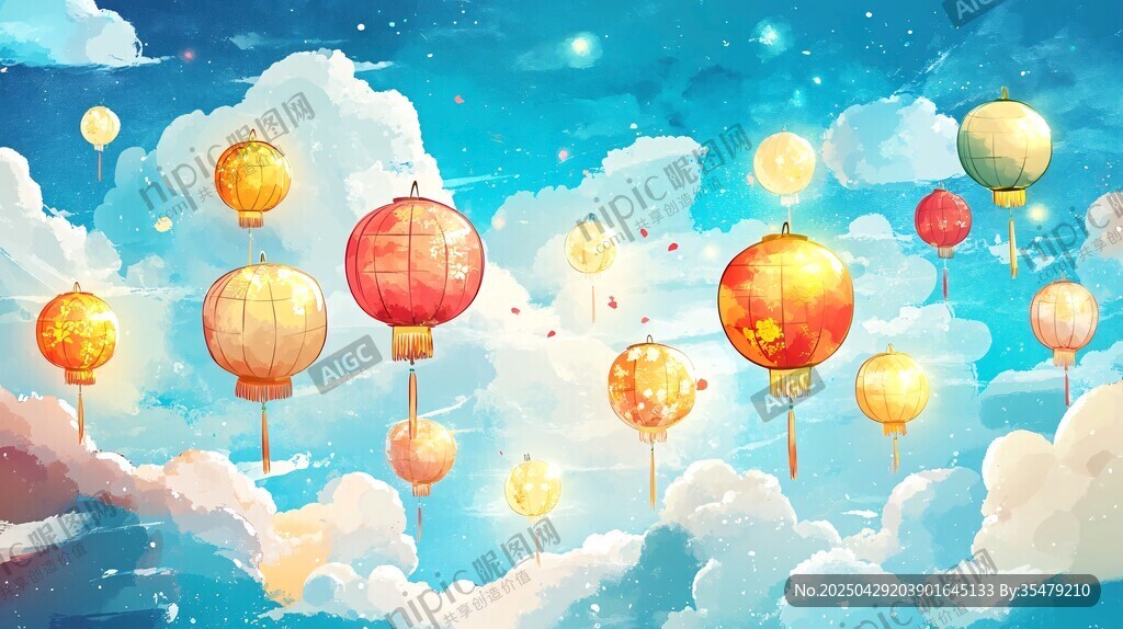 梦幻云间飘飞的多彩灯笼