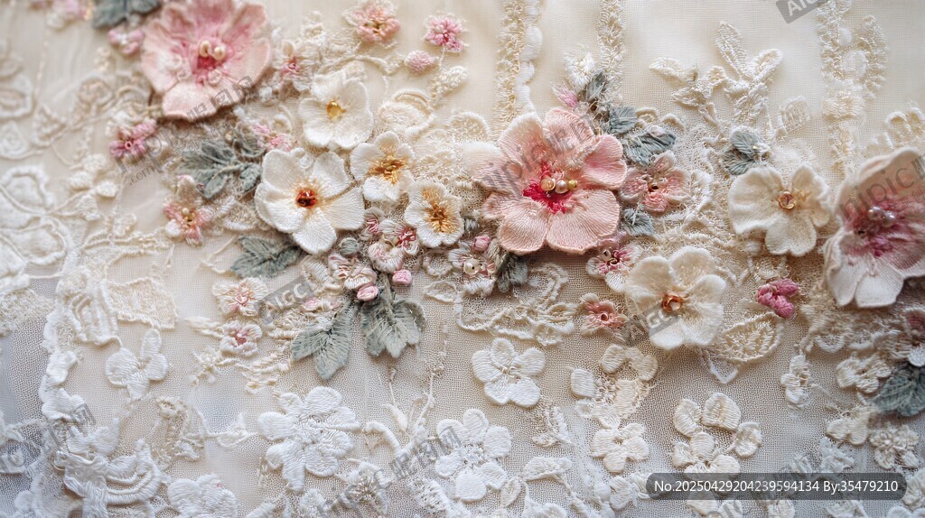 精致蕾丝面料上的立体花朵