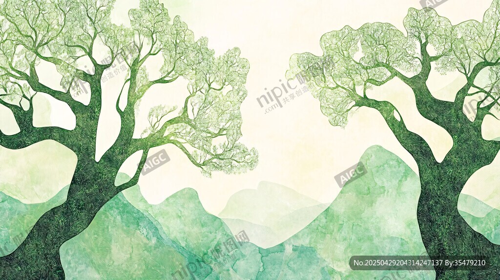 水墨风双树青山写意画
