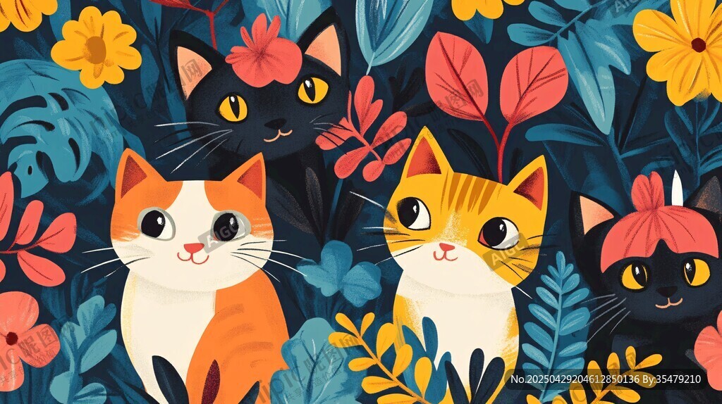 萌猫在多彩植物中嬉戏