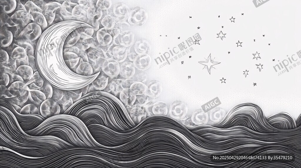 月夜海浪梦幻手绘图景