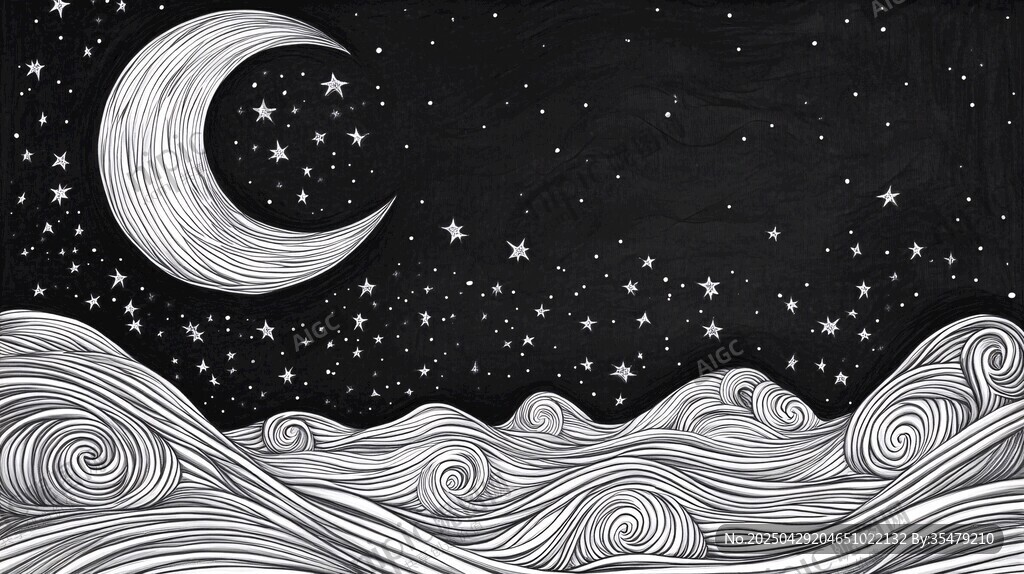 月夜海浪星空梦幻插画