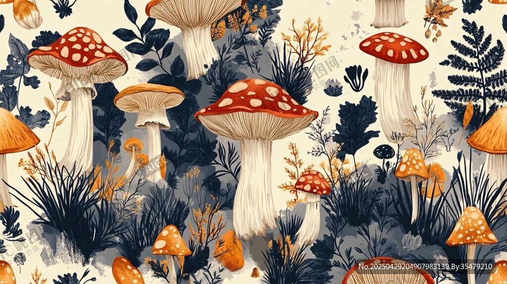 森林中的梦幻蘑菇插画