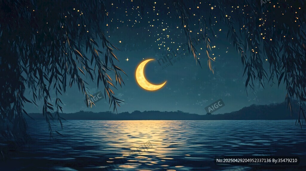 月夜湖畔垂柳星空美景