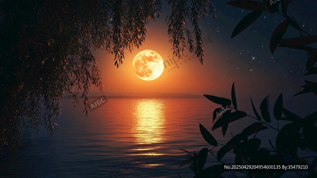 月夜湖畔垂柳映月美景