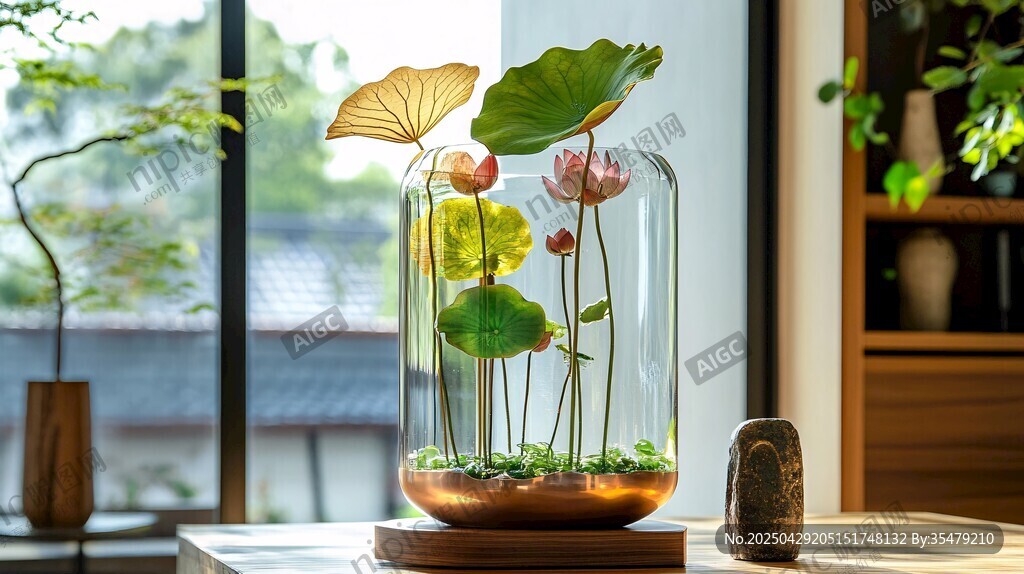 玻璃容器中的精致荷花景观