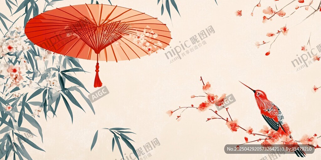中式花鸟图 红伞翠竹与雀鸟