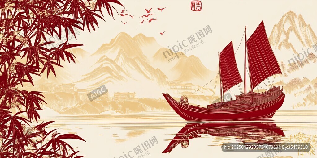 中式古风江景中的红帆船