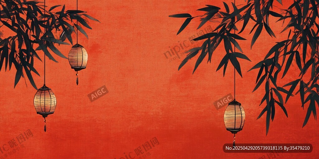 中式红背景下竹枝挂灯笼