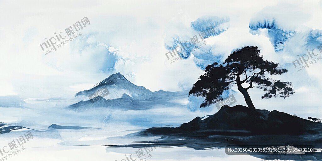 水墨孤松映远山