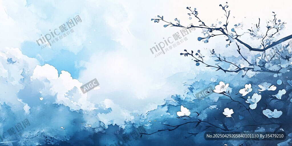 蓝调梦幻樱花与云朵景致