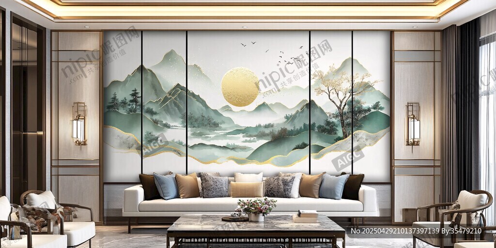 中式客厅山水壁画装饰美