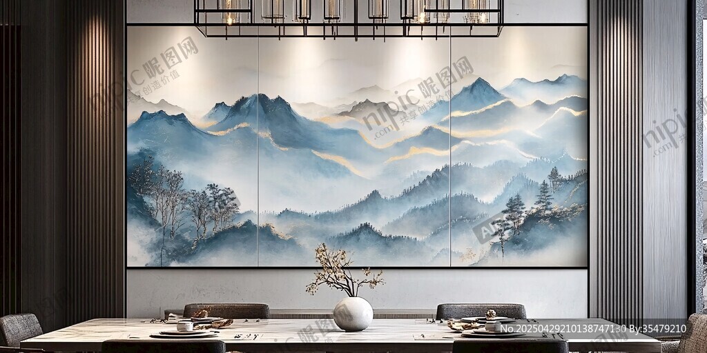 中式山水壁画装点雅致餐厅