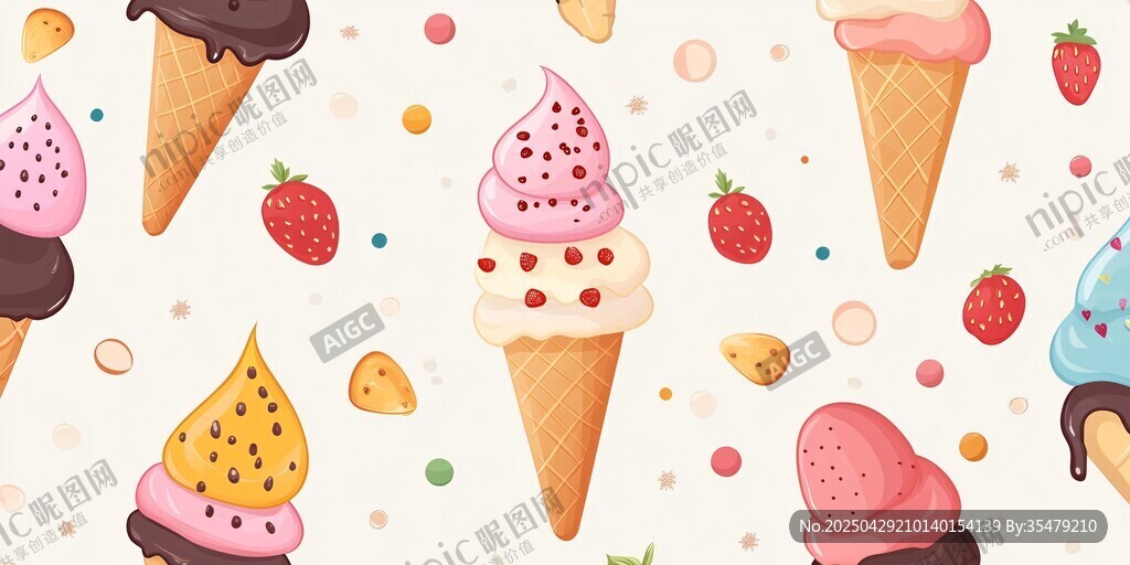 多彩冰淇淋与草莓可爱图案
