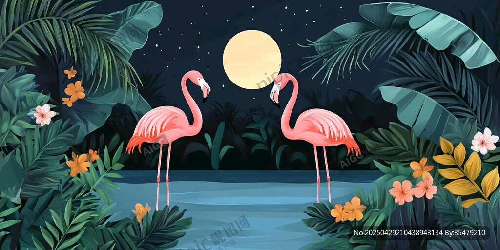 月夜下的火烈鸟与热带风光