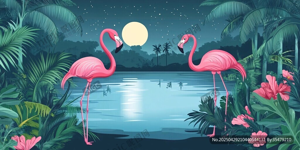 月夜下的火烈鸟与热带风光