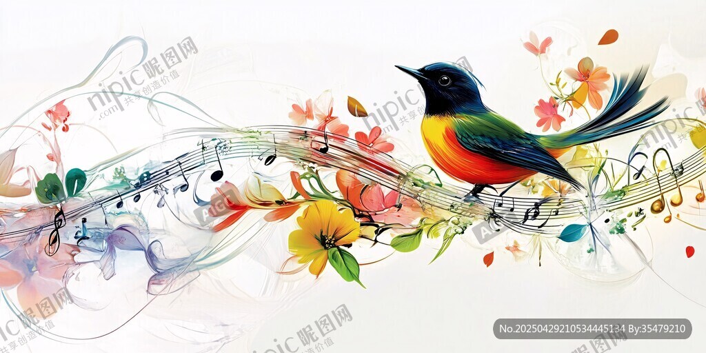 彩色小鸟栖于音乐花卉间