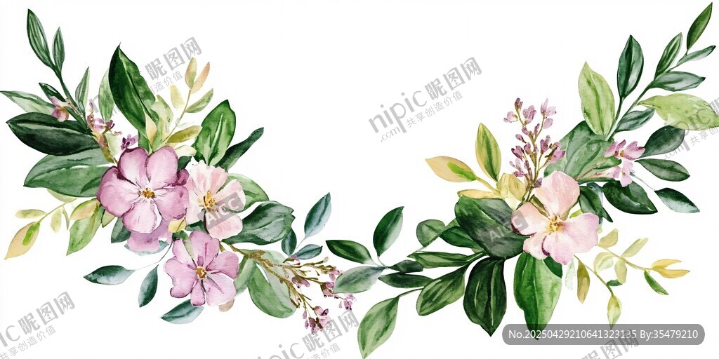 手绘花卉绿叶弧形装饰图