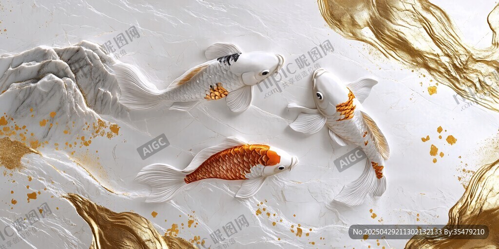 水墨金纹锦鲤艺术画面