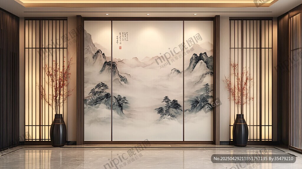 中式山水屏风装饰的雅致空间