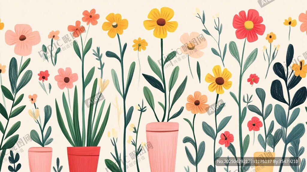 缤纷盆栽花卉插画