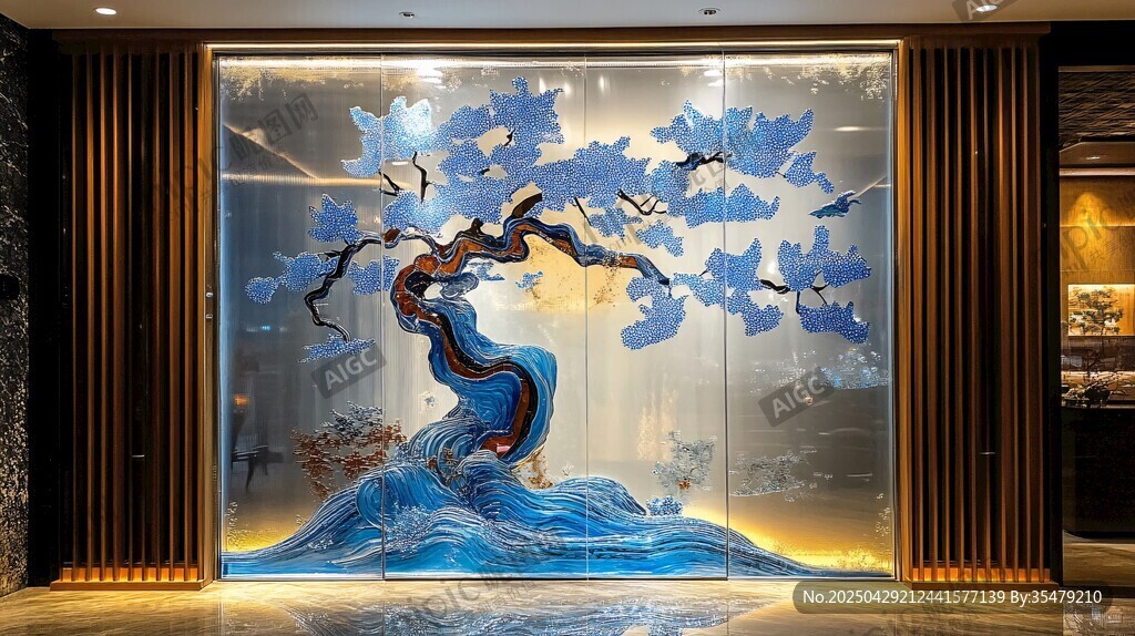 中式蓝调艺术玻璃梅花景