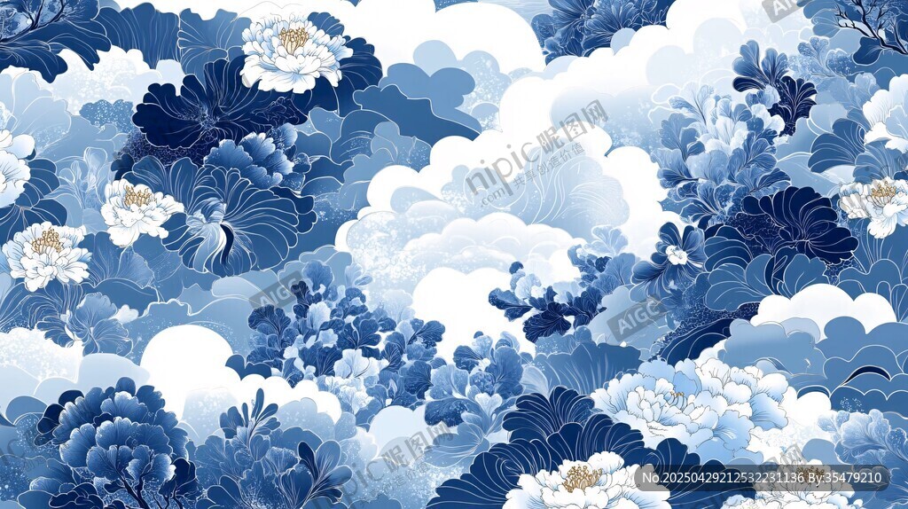 蓝白花卉云纹国风图案