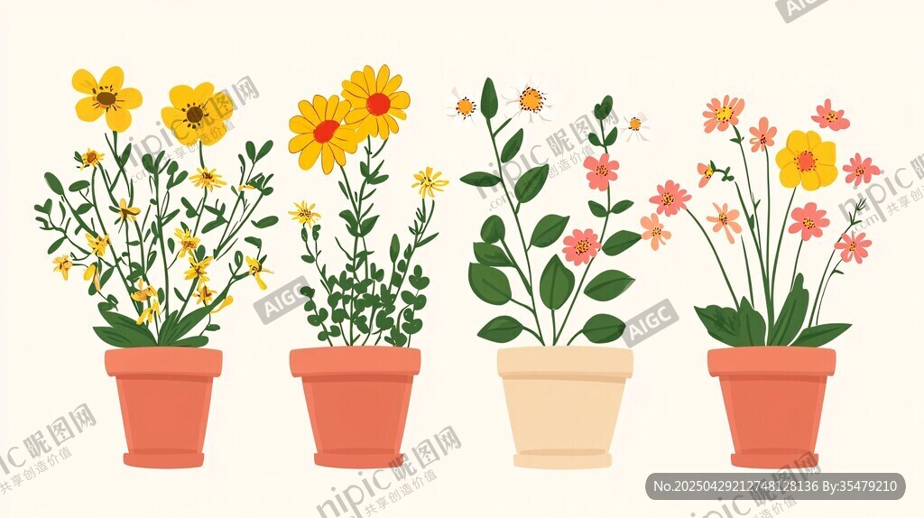 盆栽花卉插画 清新自然风