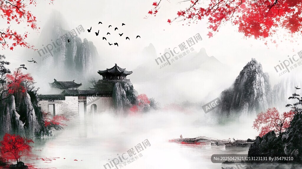 水墨江南景 红叶映古亭