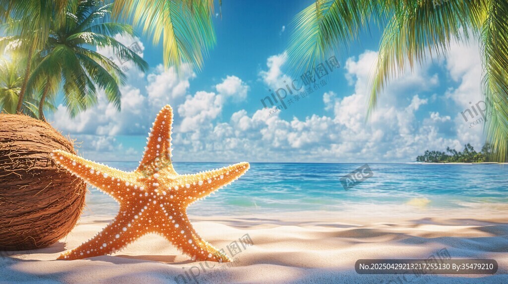 热带海滩上的海星与椰子