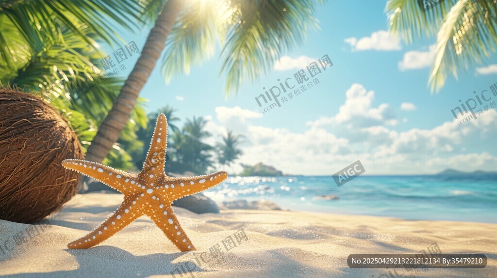 沙滩海星与椰树海景风光