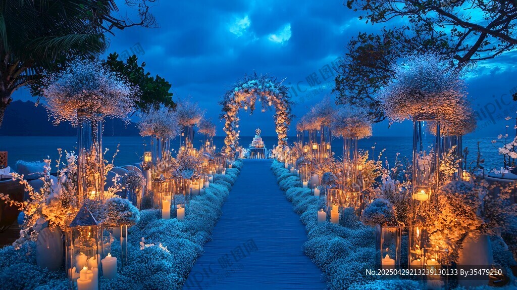 梦幻蓝调海边浪漫婚礼现场